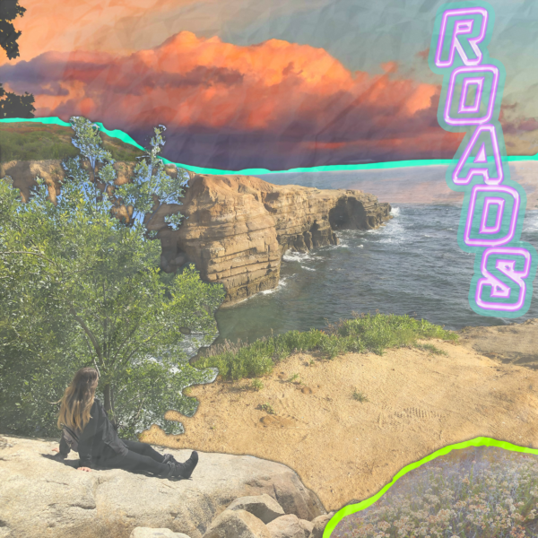 Collage image with the word roads in neon pink letters. There is a woman sitting on a rock facing the letters, surrounded by cutu=oouts of bushes and rocks.